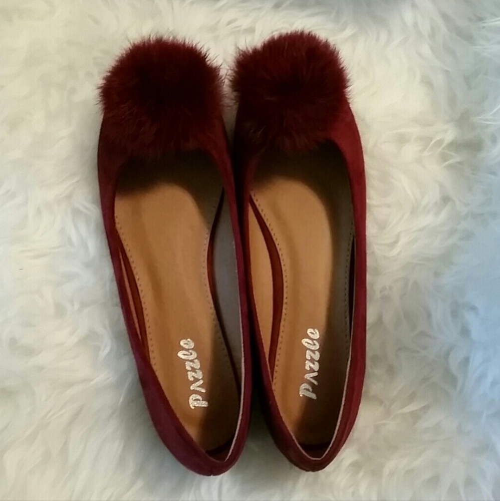 Pazzle Burgundy Blair Furry Bow Flat Shoe 8